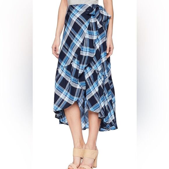 (K2) LAUREN RALPH LAUREN Asymmetrical Ruffle Skirt Navy Blue Midi Skirt, Sz L